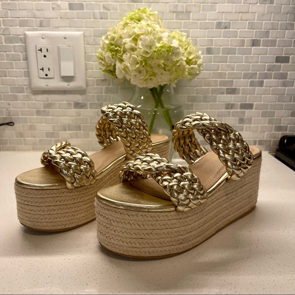 Clée Braided Golden Espadrille Flatforms Size 8